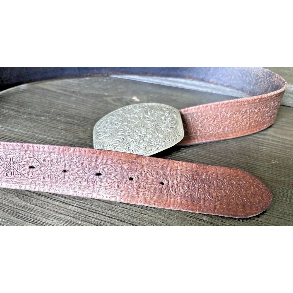 Vintage Belt & 1994 Buckle Brown Western Leather 41” Cowboy Tooled Supple Y2K